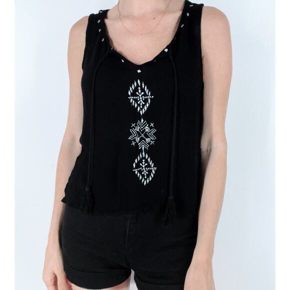 Hot Kiss Semi Sheer Black Aztec Print Embellished Tank Top Size Large - Picture 1 of 3